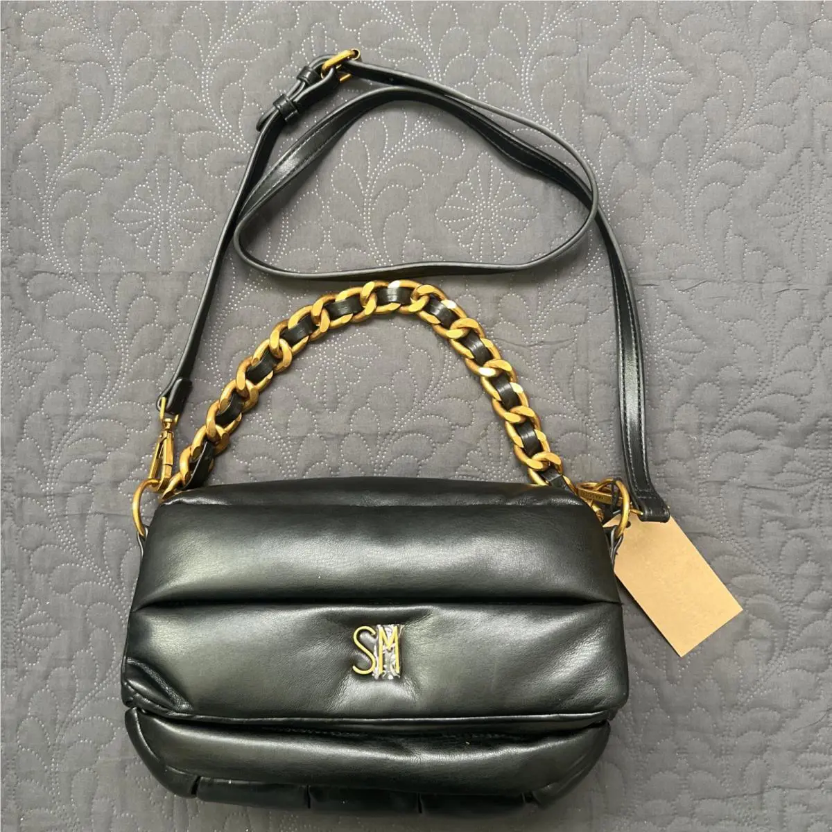 Steve Madden Bmimi Quilted Purse Crossbody Quilted Handbag Black Gold Chainnwt
