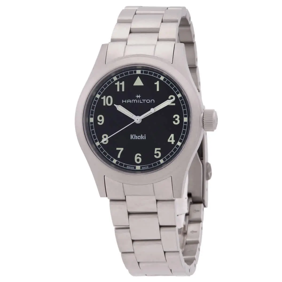 Hamilton Khaki Field Quartz Black Dial Watch H69401130 - Dial: Black, Band: Silver-tone, Bezel: Silver-tone