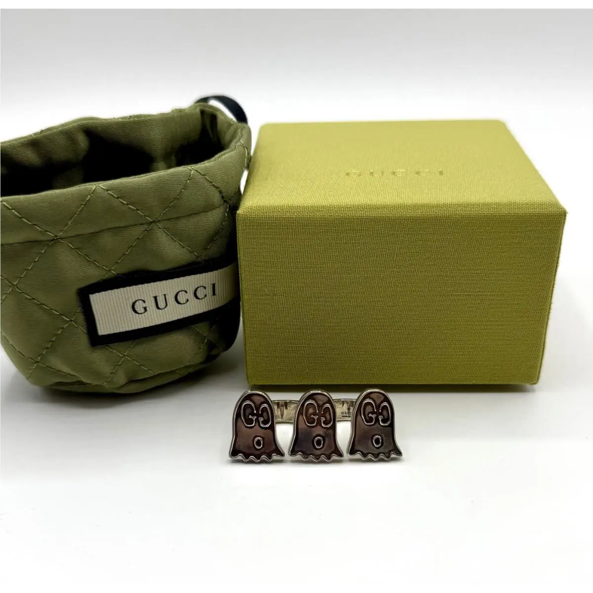 Gucci Aged 925 Silver Double Ring with Three GG Ghosts S 462014 0701