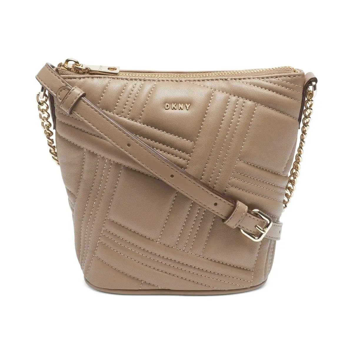 Dkny Bucket Bag Small Crossbody Tan Quilted Leather Top Gold Zip Top-zip