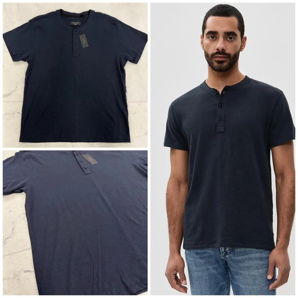 Men`s Rag Bone Slub Jersey Short Sleeve Henley In Navy Size Xxl
