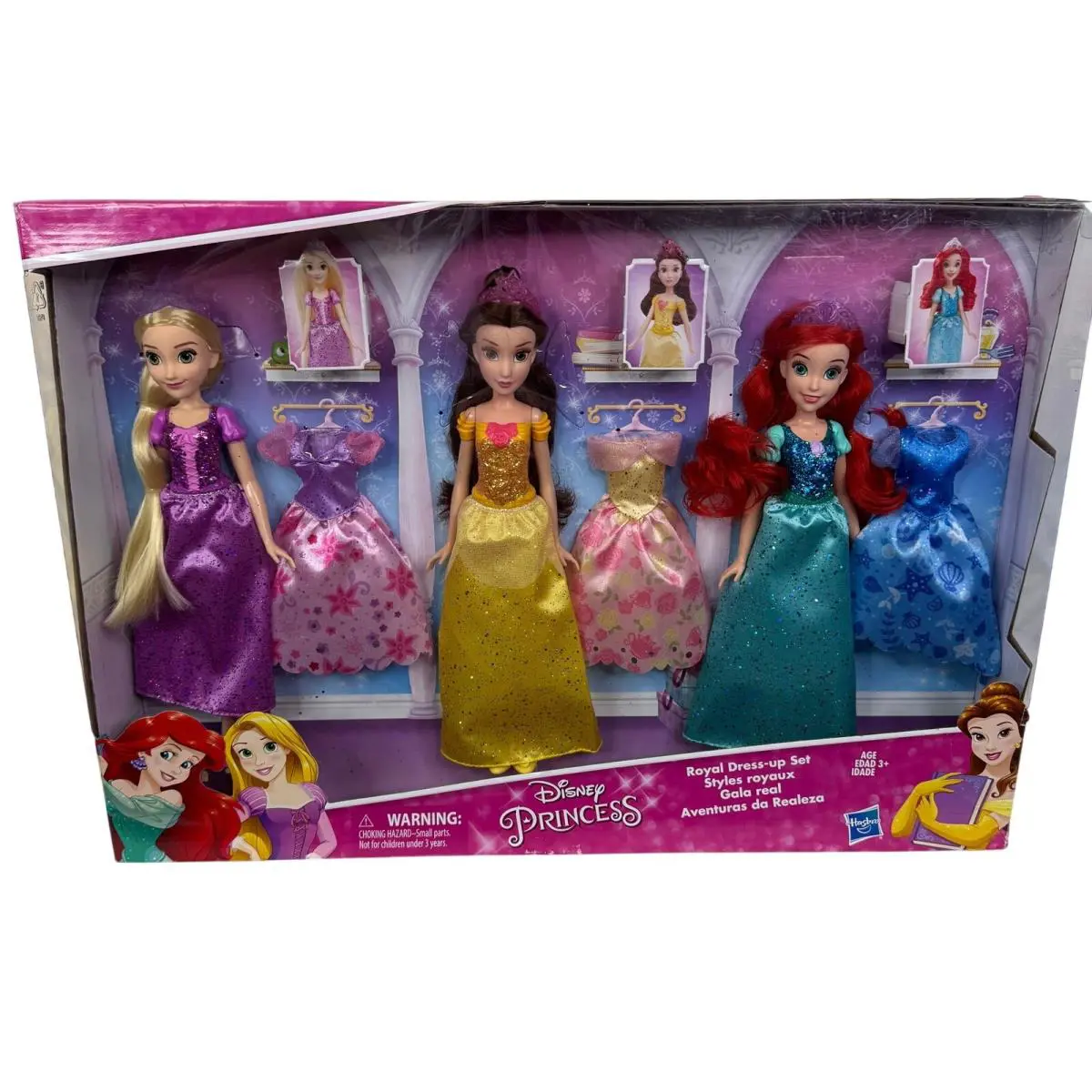 Disney Princess Dolls Rapunzel Belle Ariel Royal Dress Up Set w/3 Extra Dress