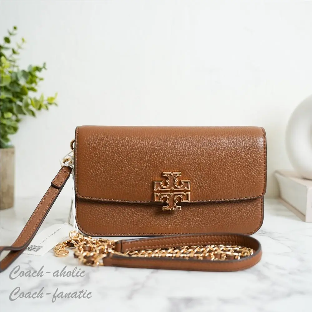 Britten Chain Wallet with Wristlet Leather Crossbody Brown by Tory Burch