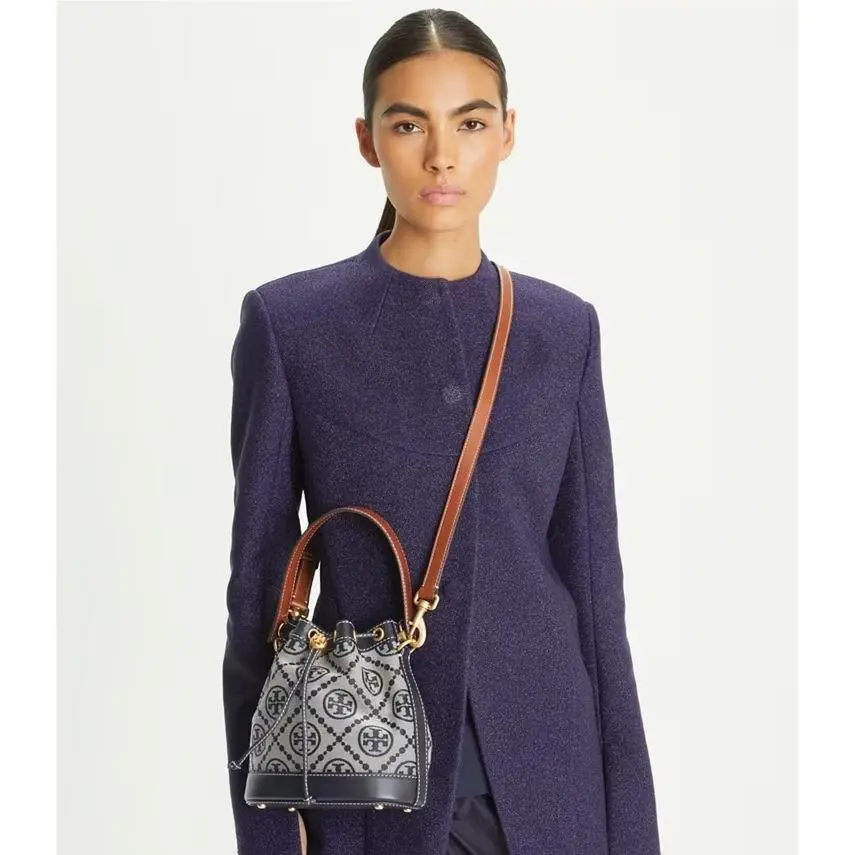 Tory Burch T Monogram Jacquard Bucket Bag Navy Satchel