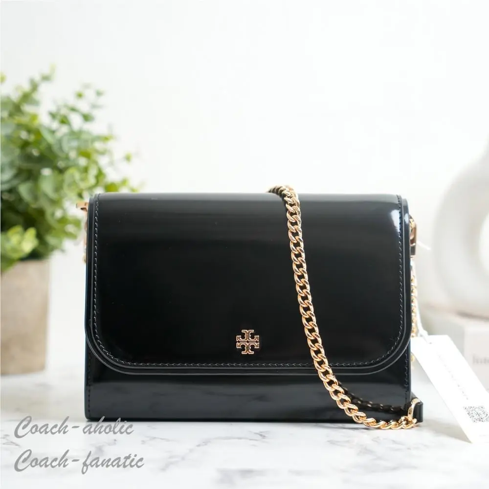 Tory Burch Emerson Chain Wallet Crossbody in Smooth Patent Leather Black