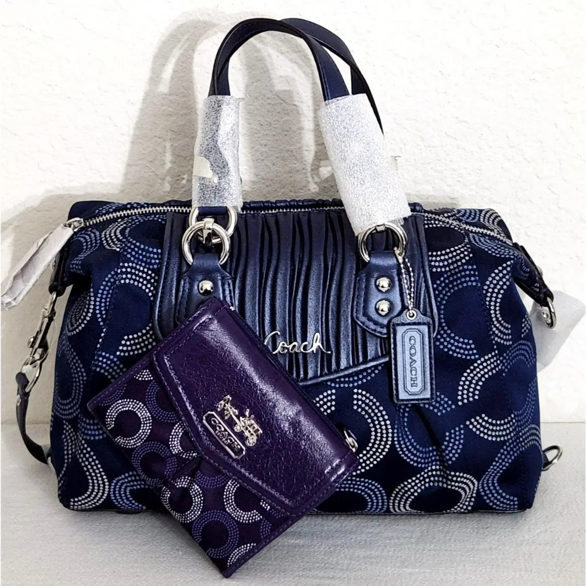 Ashley Dotted OP Art Logo Navy Blue Satchel Bag /or Purple Wallet Bag and matching Wallet by Coach