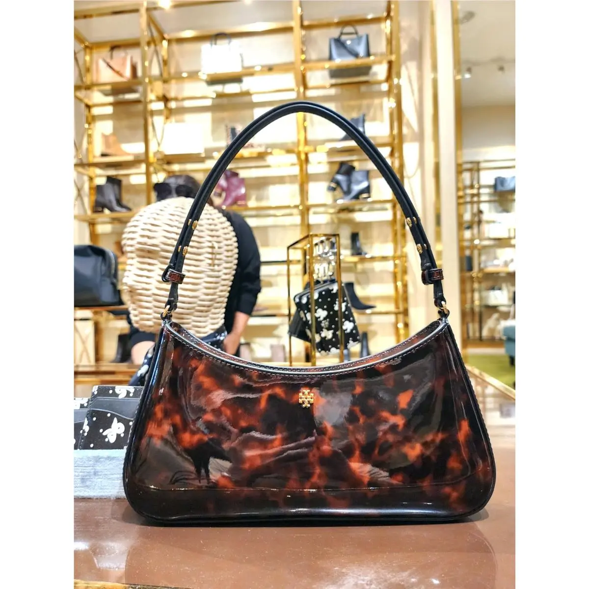 Tory Burch Emerson Tortoise Patent Leather Adjustable Shoulder Bag Purse