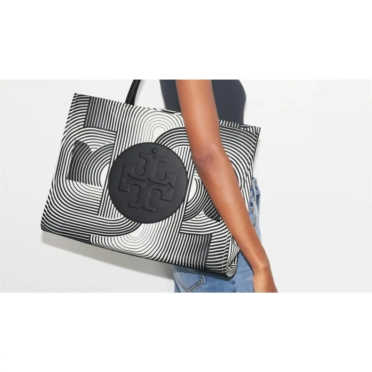 Tory Burch 176596 Ella Nylon Printed Tote Infinity Black White Large Bag
