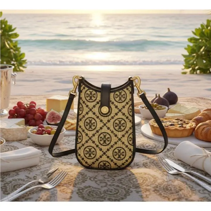 Tory Burch T Monogram Raffia Natural/black Phone Small Crossbody Bag