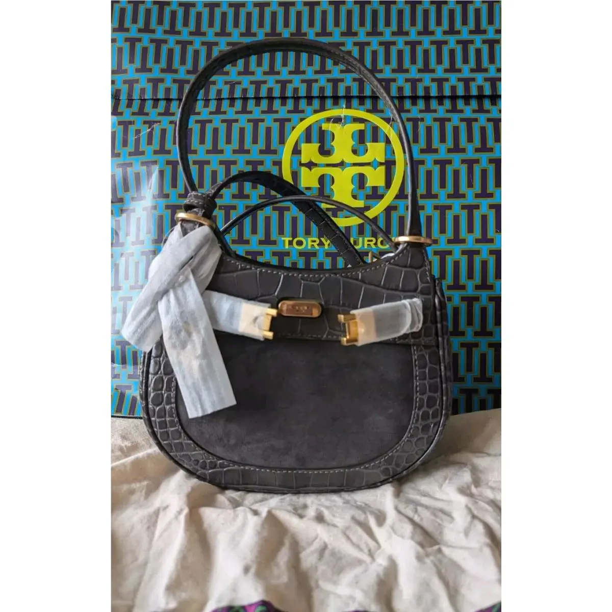 Tory Burch Lee Radziwill Croco Embossed Leather Suede Saddle Bag Size Small