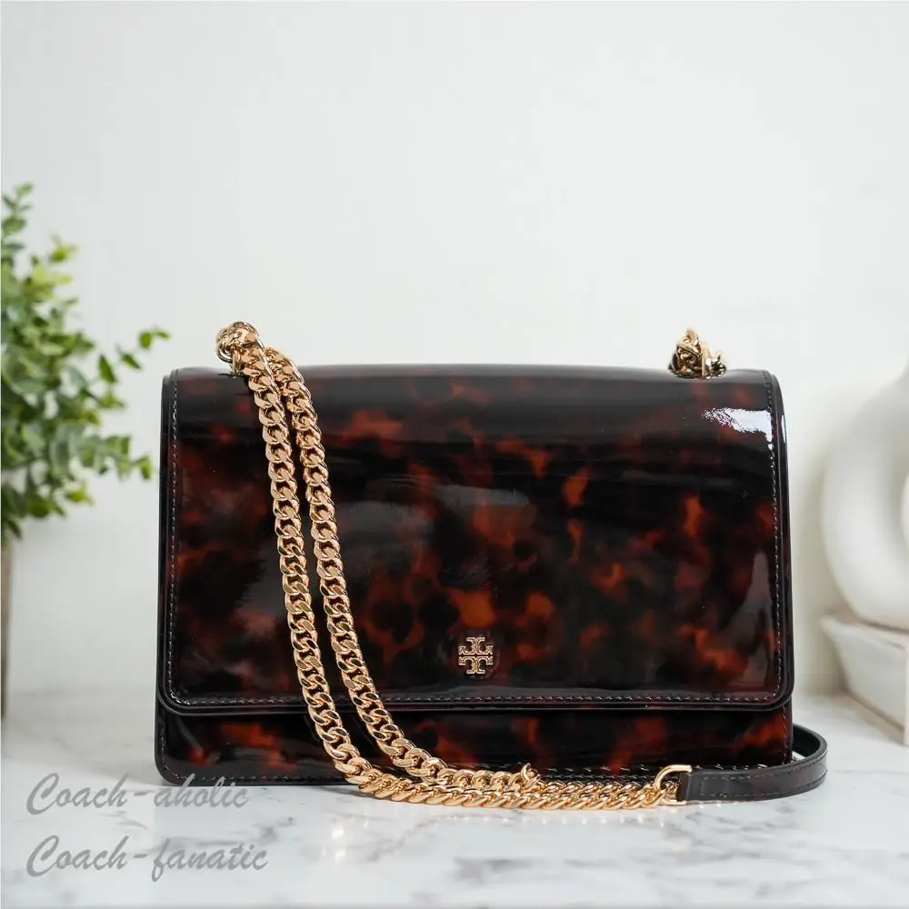 Tory Burch Emerson Tortoise Patent Leather Adjustable Shoulder Bag Purse