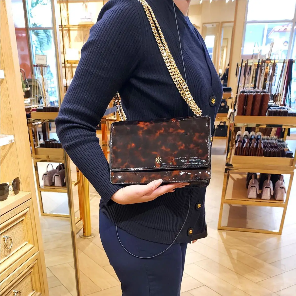 Tory Burch Emerson Tortoise Patent Leather Adjustable Shoulder Bag Purse