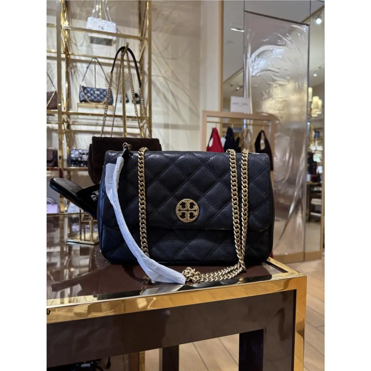 Tory Burch 148244 Willa Flap Adjustable Shoulder Bag Quilted Leather Black