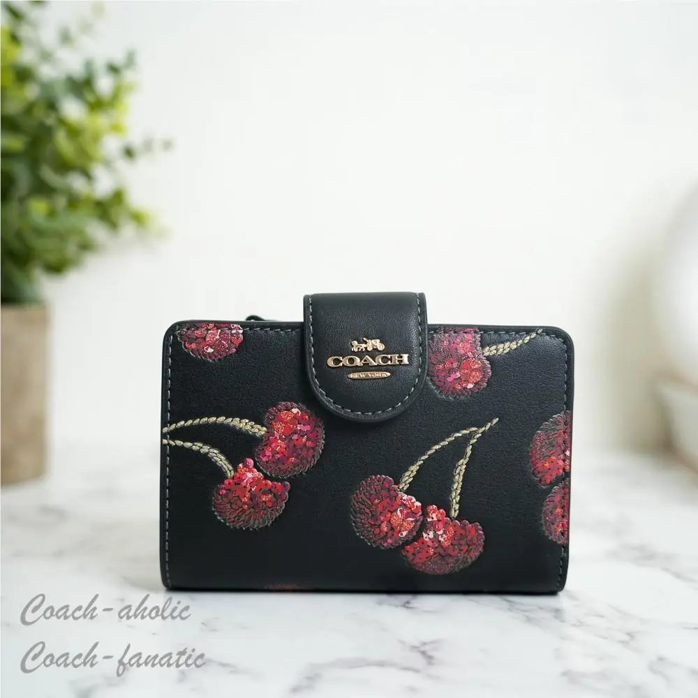 Coach Medium Corner Zip Wallet with Cherry Print Gold/black Multi CDF10