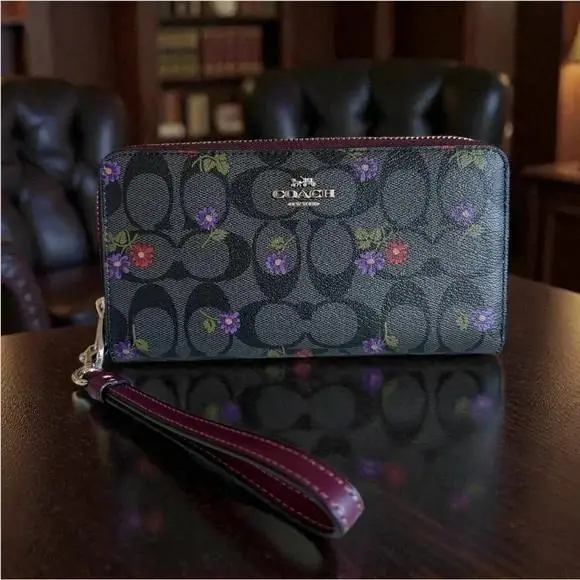 Coach Long Zip Around Wallet In Signature Country Floral Print Deep Berry CN000