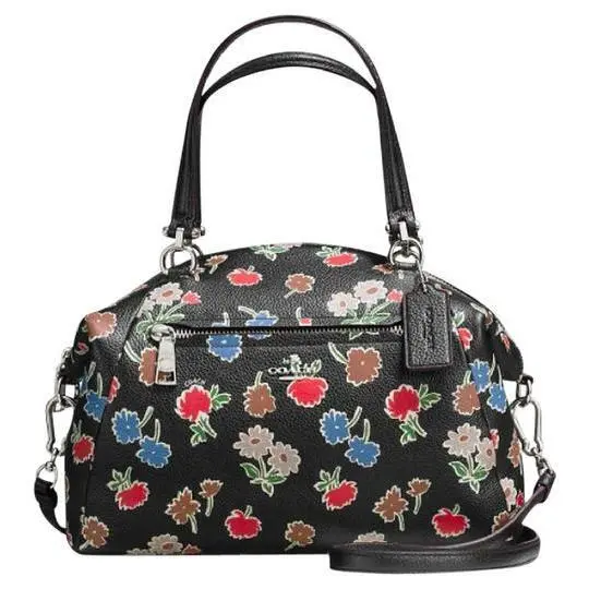 Coach Prairie Satchel Daisy Floral Zipper Leather Handbag Bag Purse Black