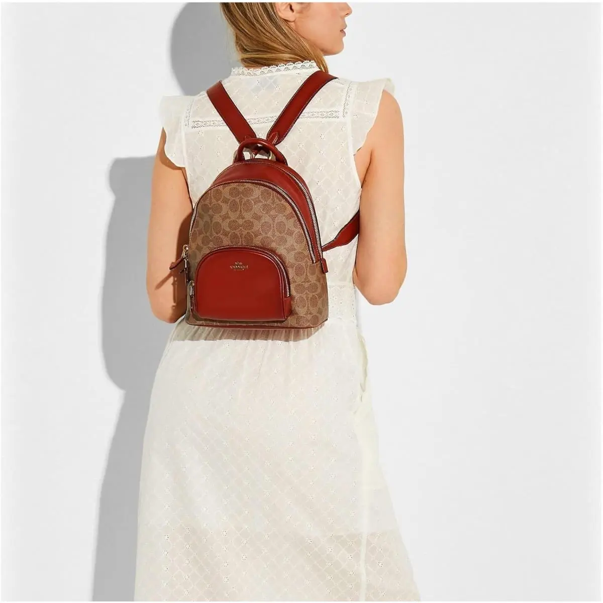 Coach Womens Carrie Signature Canvas Backpack Bag Handbag Zip Beige Red 23