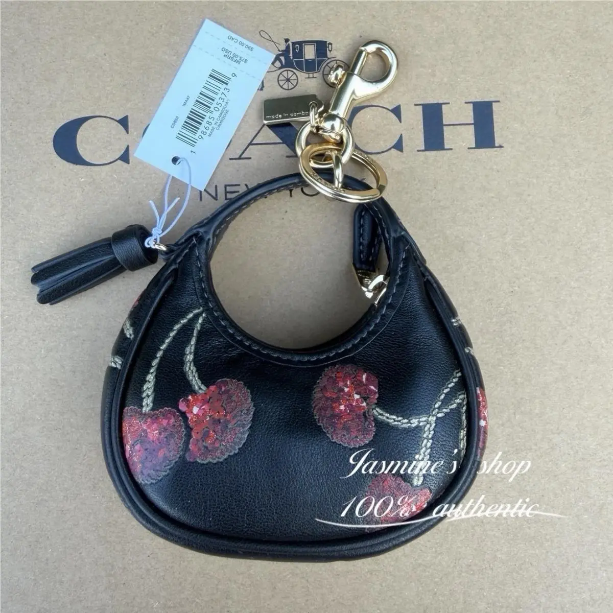 Coach CDB52 Carmen Bag Charm with Cherry Print Smooth Leather Black Multi