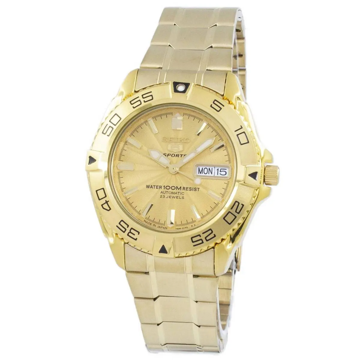 Seiko 5 Sports Automatic Japan Made Gold Dial 100M SNZB26J1 Men`s Watch