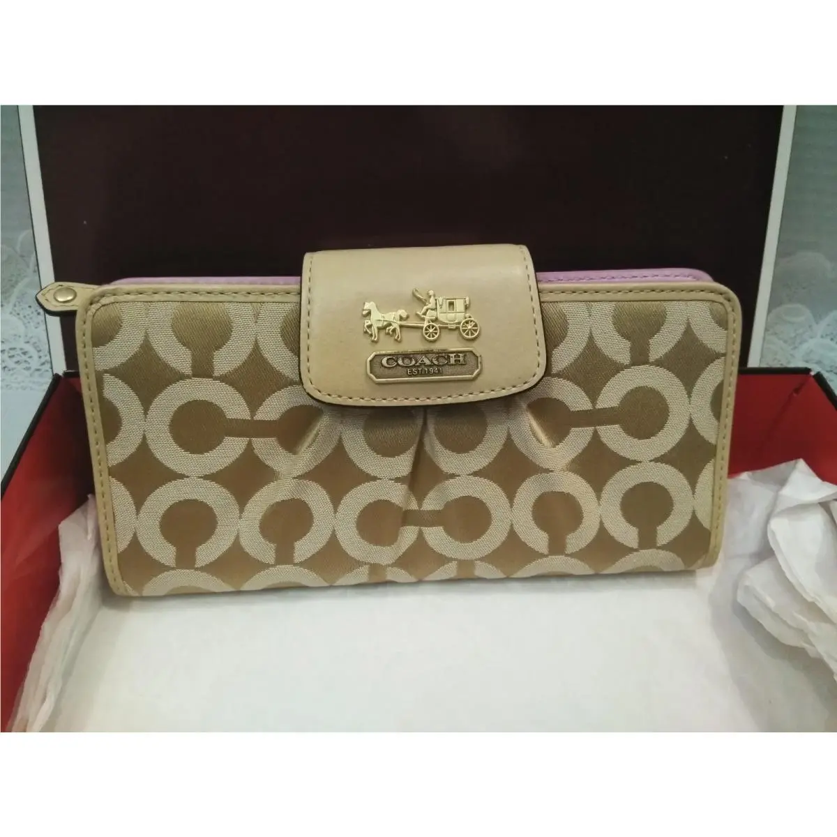N.o.s. Coach Mad Signature C Checkbook Long Wallet Khaki / Sand 7.5``x5``