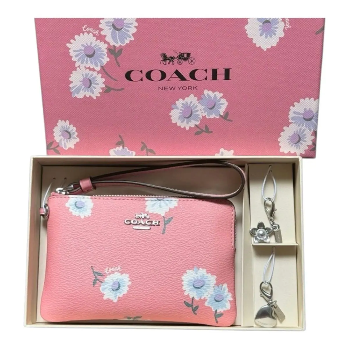Coach Corner Zip Wristlet with Pink Daisy Print 2 Charms IN Gift Box - Exterior: Pink