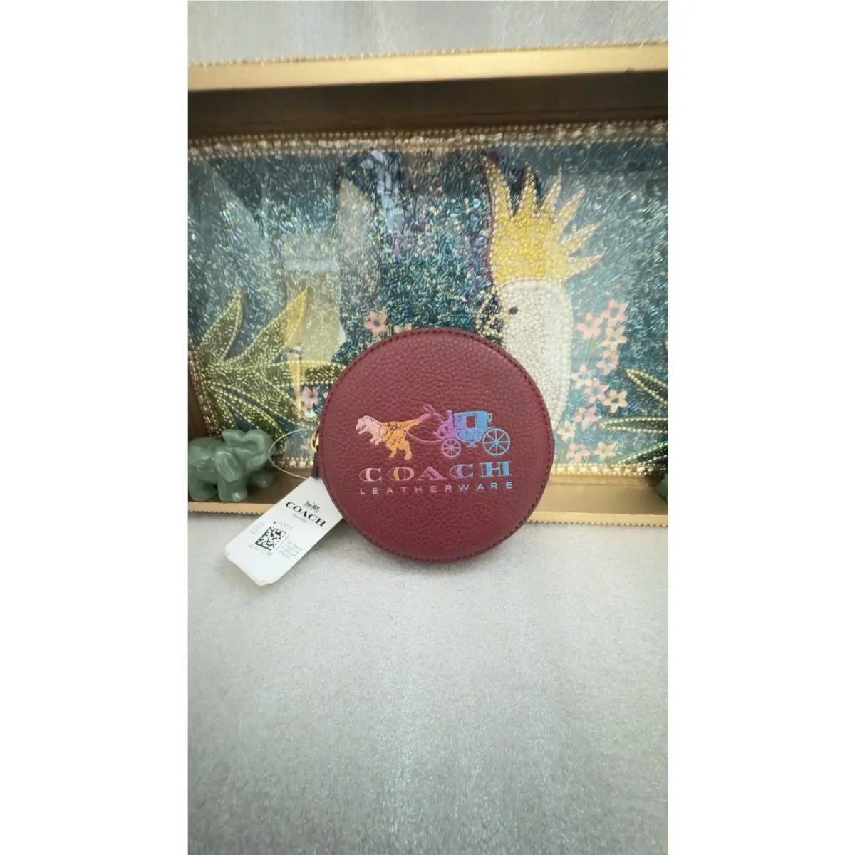 Coach Leather Rexy Dino Coin Purse Wristlet Round Zip Glitter Maroon Red