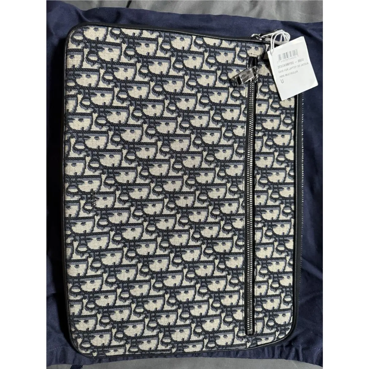 Authenticated Dior Zipped Computer Pouch Oblique Beige Black A4