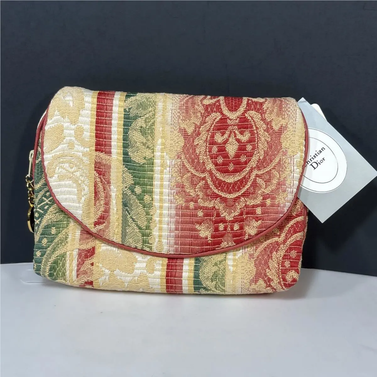 Vintage Christian Dior Brocade Makeup Bag Red Green White Gold Stripe Zip Close