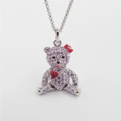 Swarovski Crystal Movable Violet Teddy Bear with Red Heart Necklace Pendant
