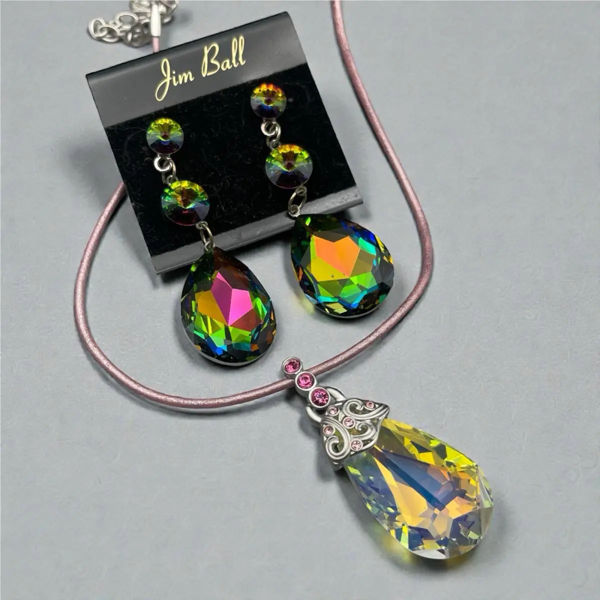 Jim Ball Swarovski Crystal Aurora Borealis Earring and Pendant Set