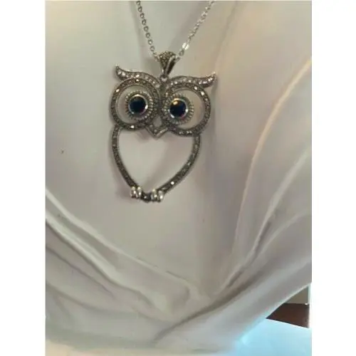 Lavish by Tjm Sterling Silver Onyx Crystal Owl Pendant - Swarovski Marcasite
