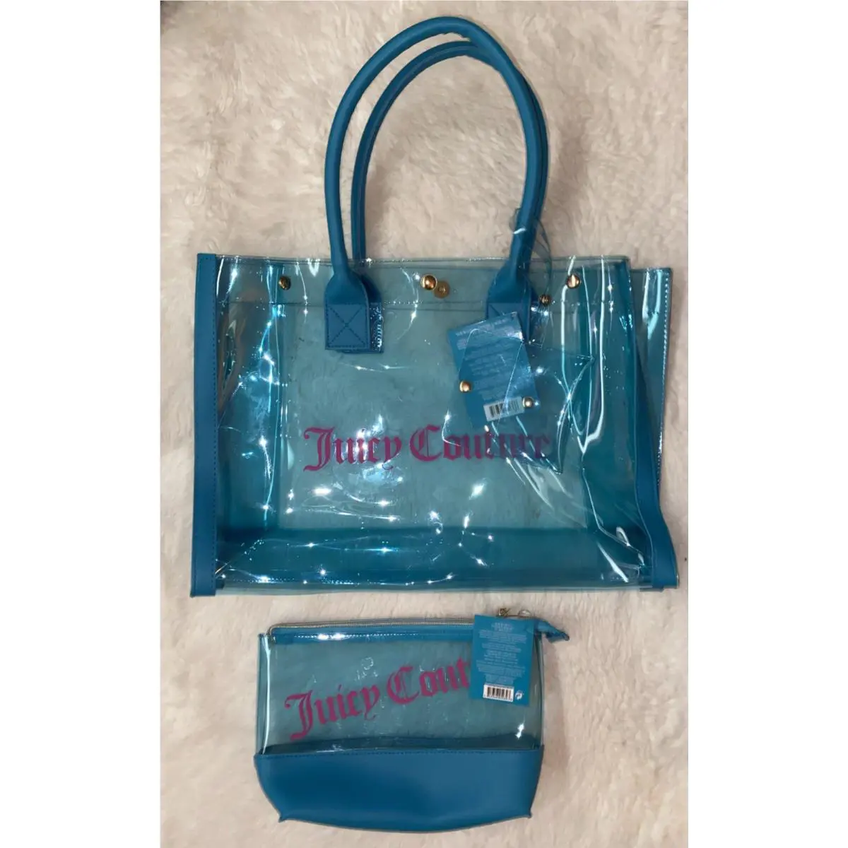 Large Juicy Couture Transparent Blue Tote Shoulder Hand Bag Purse Set