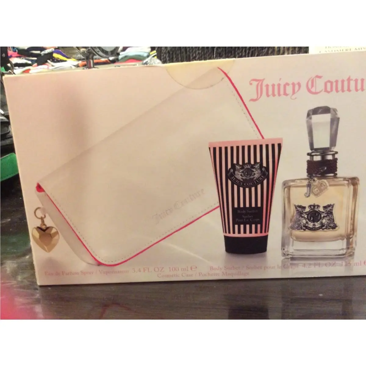 Juicy Couture Women’s 3-piece Gift Set. 3.4oz Parfum Sorbet 4.2oz Bag. 3 In 1