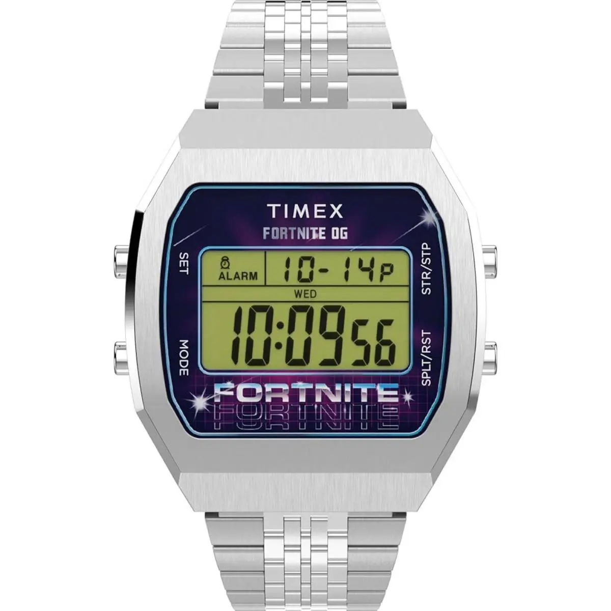 Timex Men`s Watch Fortnite Alarm Grey Digital Dial Silver Bracelet TW2Y46100JR - Dial: Grey, Band: Silver