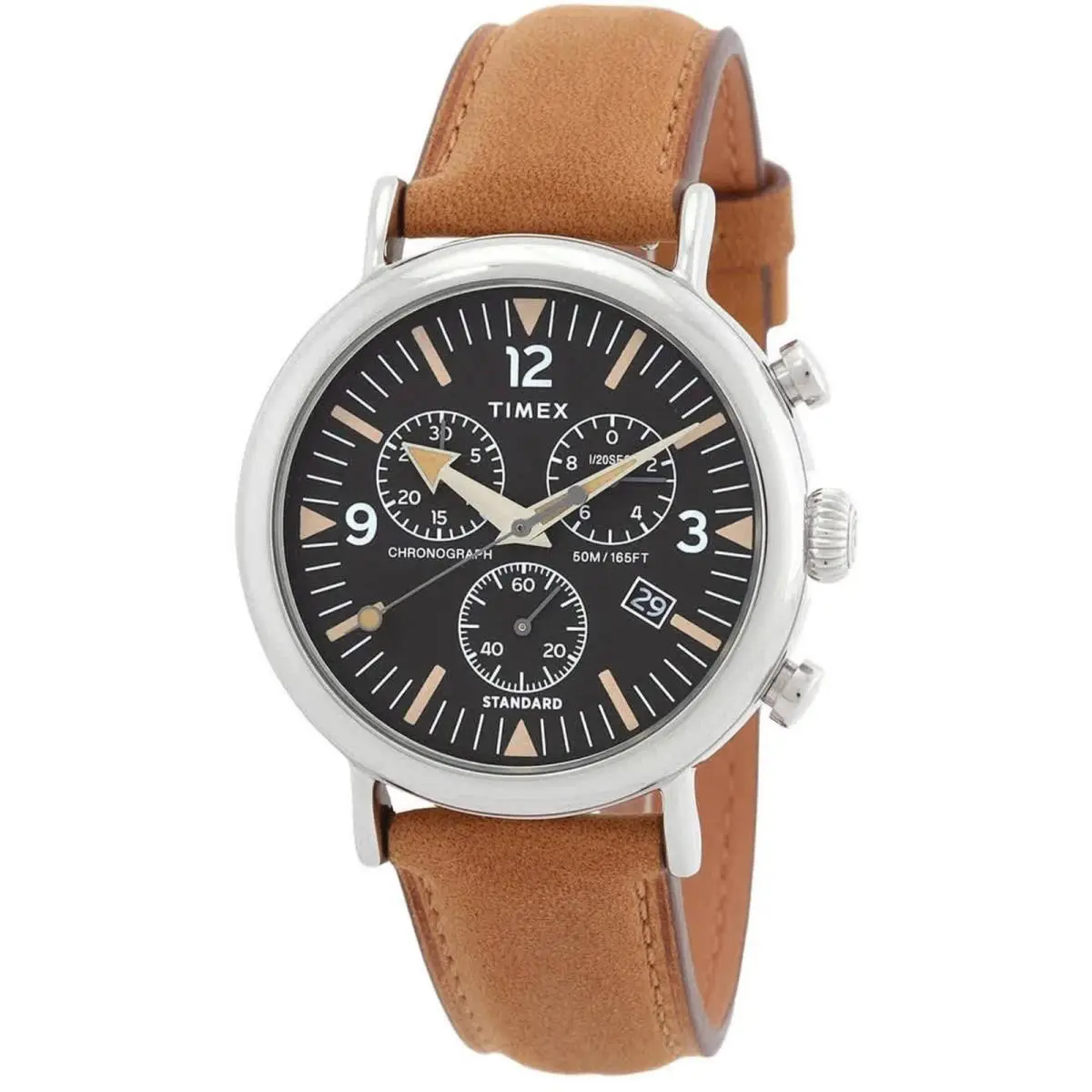 Timex Waterbury Standard Chronograph Quartz Black Dial Watch TW2W84500VQ - Dial: Black, Band: Brown, Bezel: Silver-tone