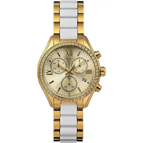 TW2V74900 Gold Dial Women`s Chronograph Quartz Watch Stainless Steel 30m by Timex