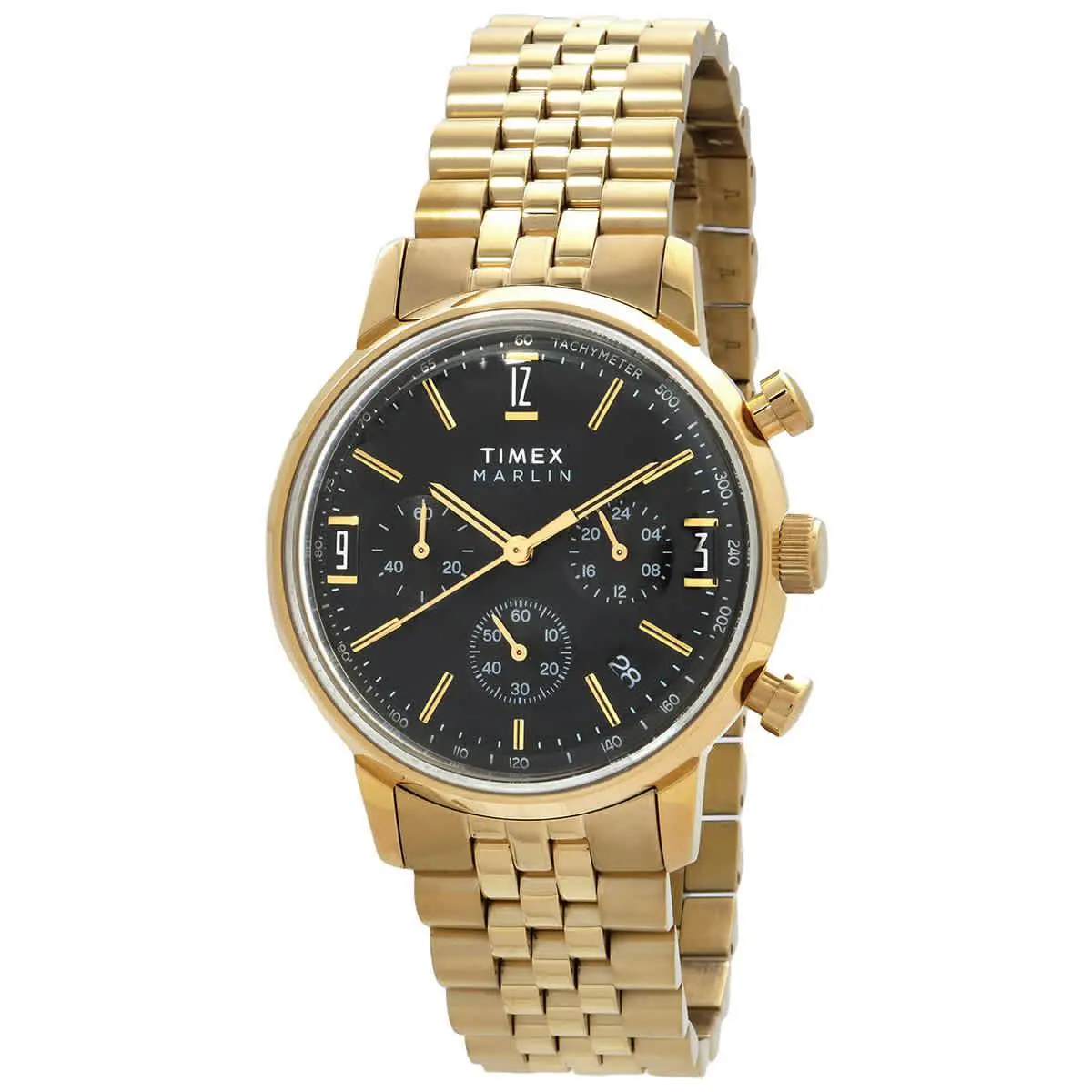 Timex Marlin Chronograph Quartz Black Dial Men`s Watch TW2W59900 - Dial: Black, Band: Gold-tone, Bezel: Gold-tone