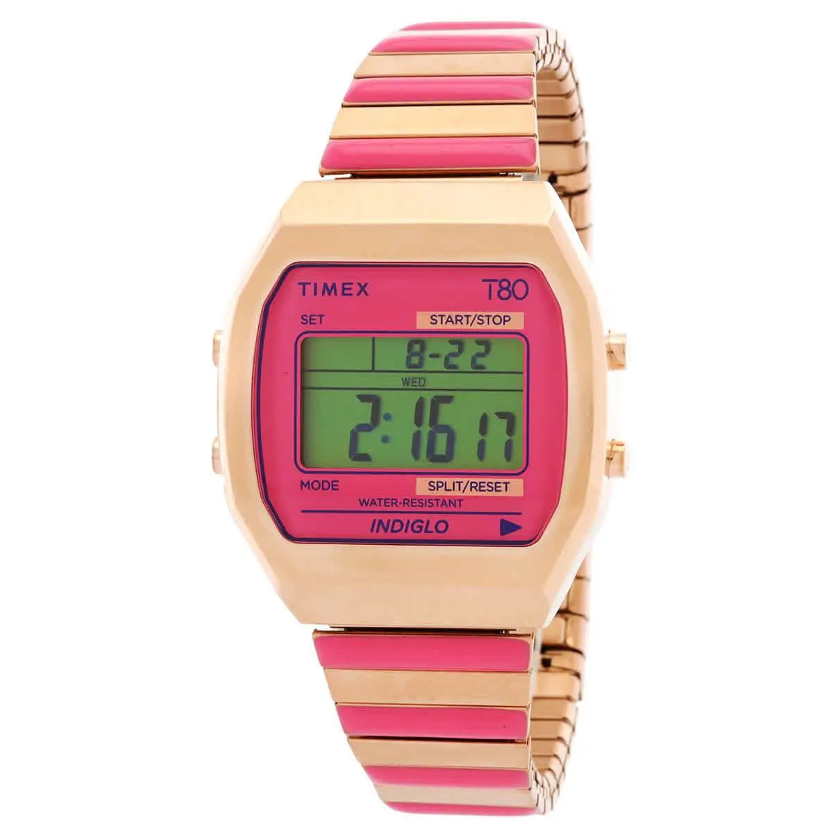 Timex 80 Quartz Digital Pink Dial Expansion Band Ladies Watch TW2W41600 - Dial: Pink, Band: Two-tone (Pink and Rose Gold-tone), Bezel: Rose Gold-tone