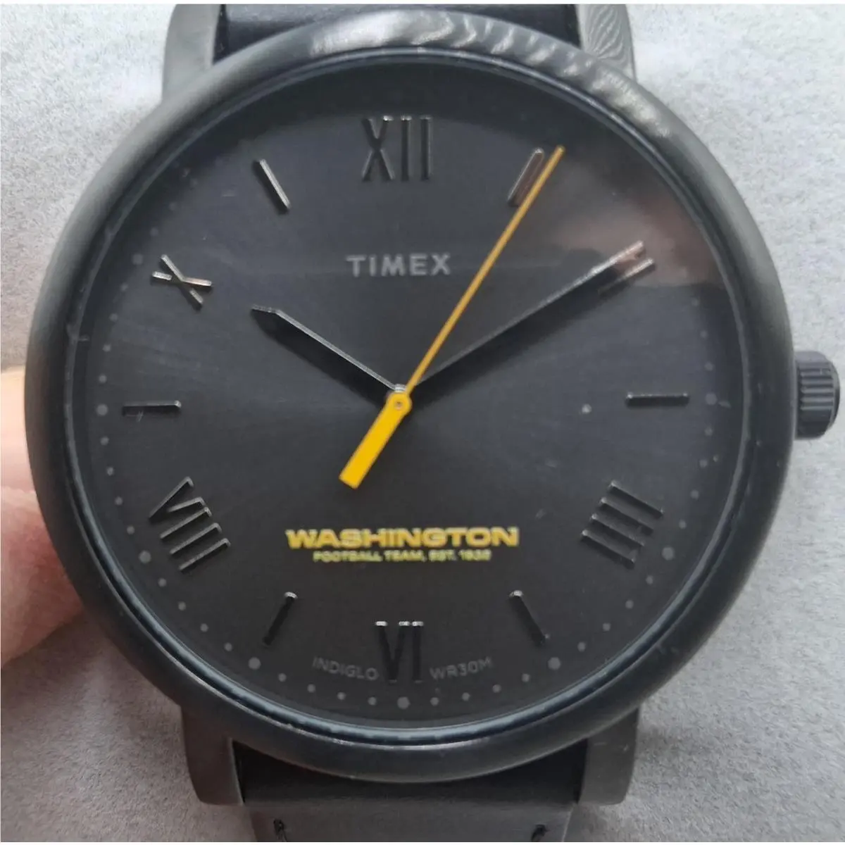 This Black Timex Watch with Blak Dial Blak Leather Strap Nfl Footteam Washington