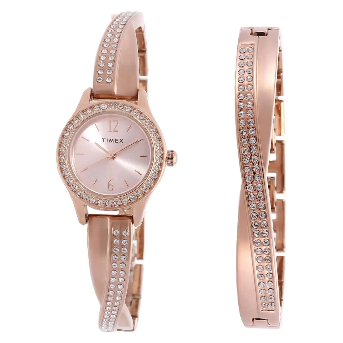 Timex Trend Quartz Crystal Rose Gold Dial Ladies Watch and Bracelet Set - Dial: Rose Gold-tone, Band: Rose Gold-tone, Bezel: Rose Gold-tone