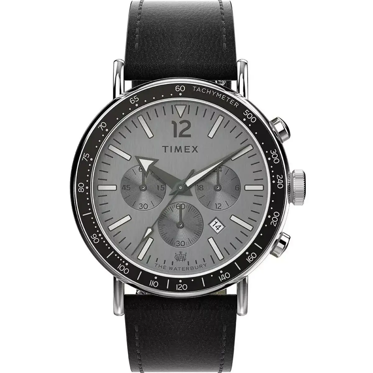 Men`s Watch The Waterbury Quartz Grey Dial Black Leather Strap TW2W47400VQ by Timex