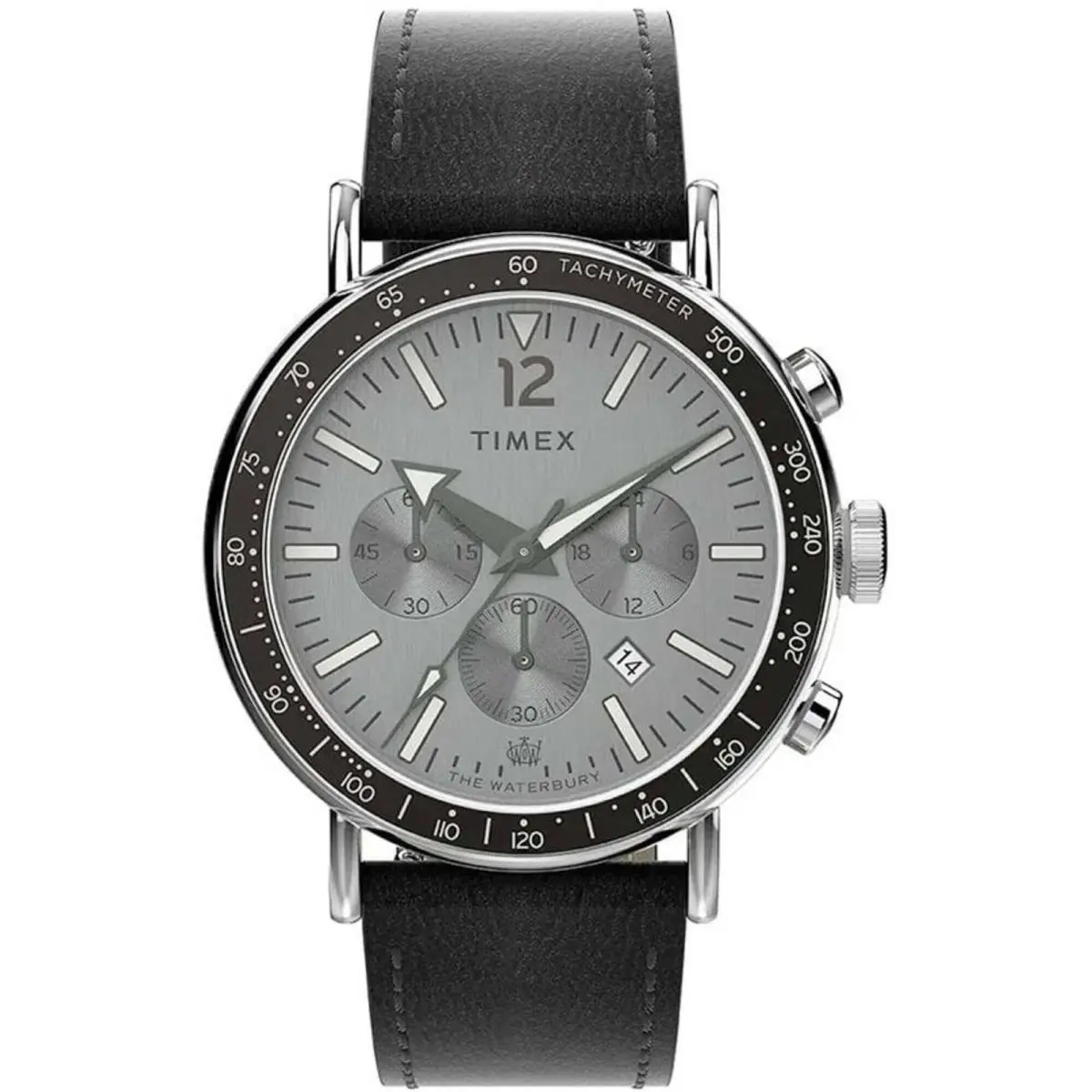 Men`s Watch The Waterbury Quartz Grey Dial Black Leather Strap TW2W47400VQ by Timex