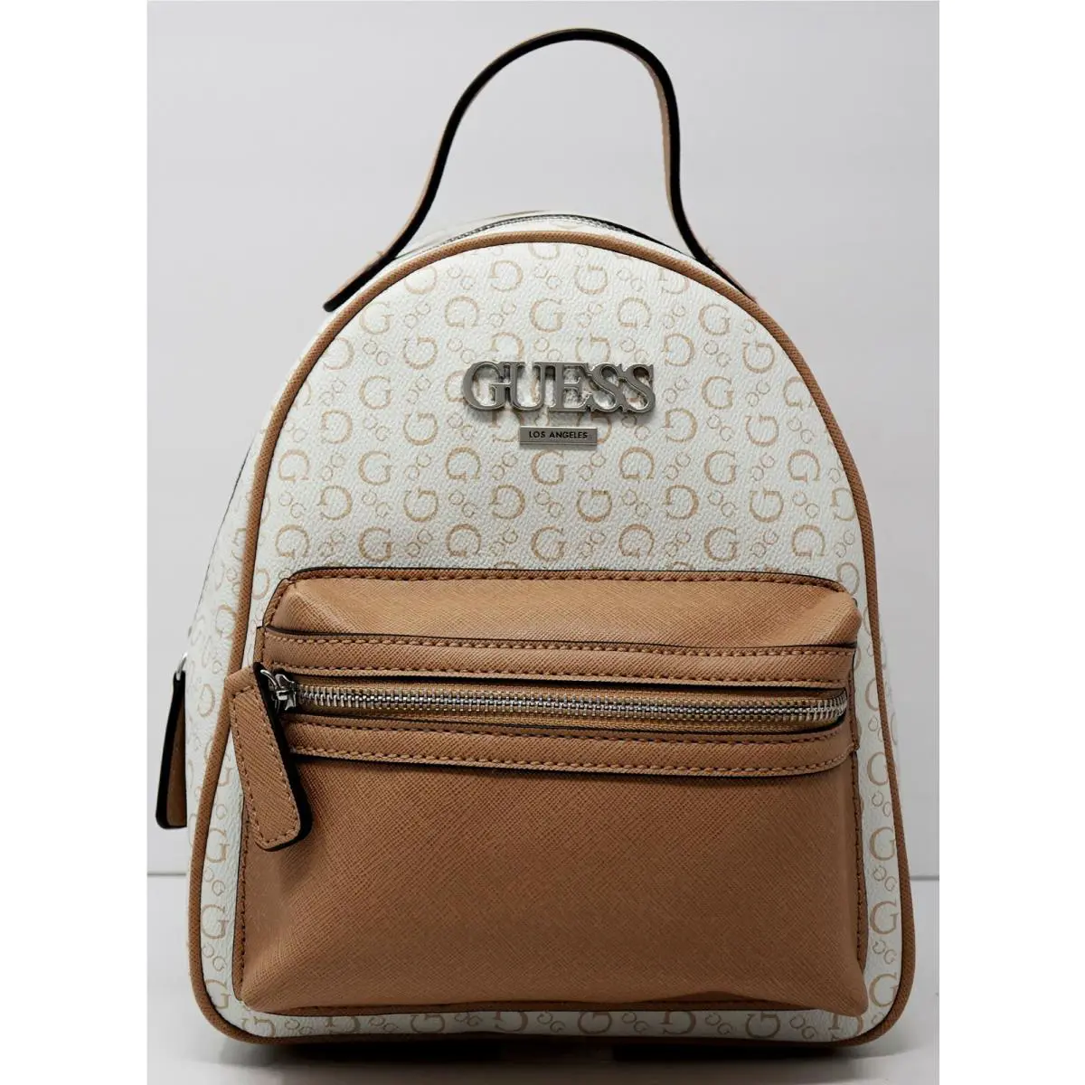 Guess Women`s Van Buren White Tan Logo Print Backpack Bag Handbag Purse