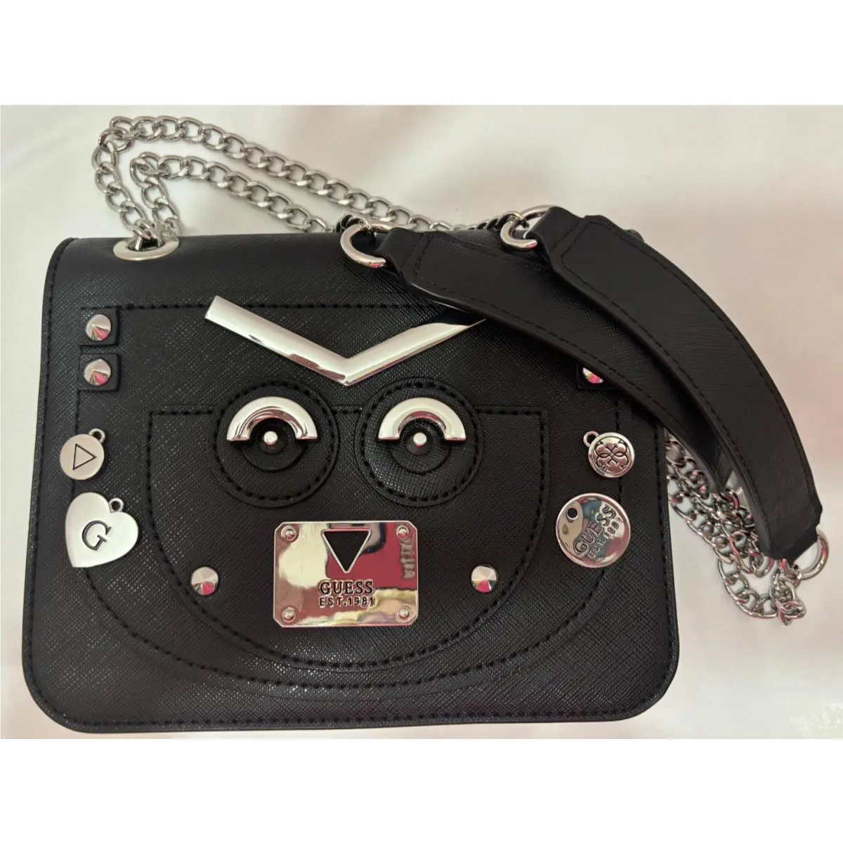 Guess Crossbody Shoulder-bag Black Faux-leather Silver Chain Charms Studs