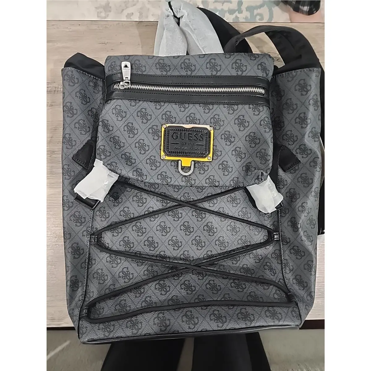 Guess Salameda Logo Backpack Grey Blaster Wash Utility Drawstring Laptop Pocket