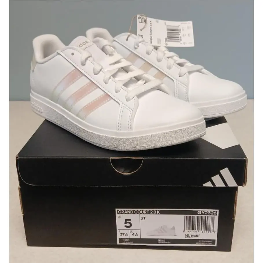 Adidas Girls Kids Grand Court 2.0 K White Iridescent Tennis Shoes Size 5 US