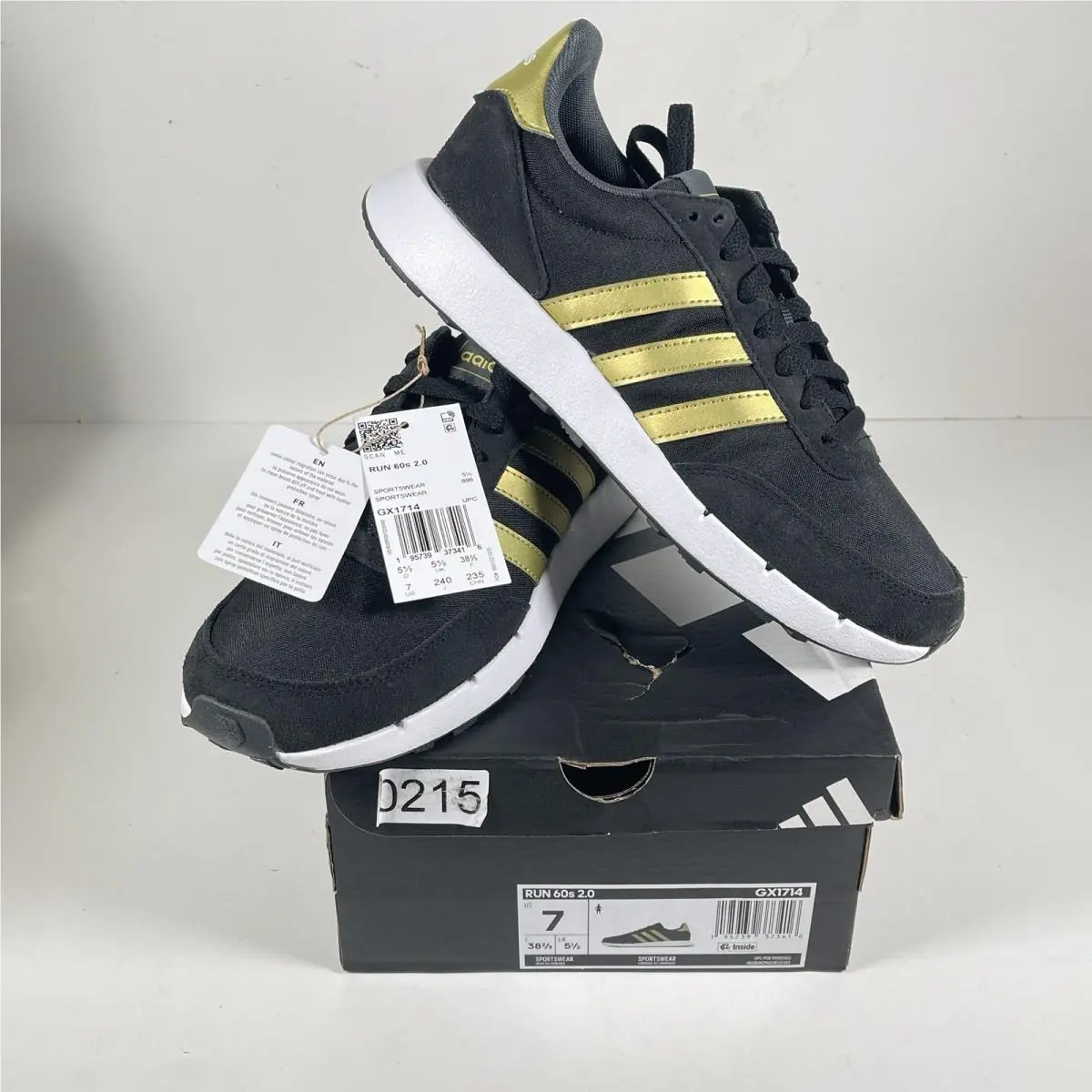 Adidas Run 60s 2.0 Black with Gold GX1714- Women`s US 7