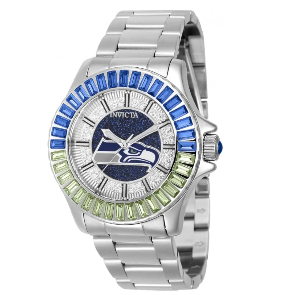 Invicta Nfl Seattle Seahawks Lux Women`s 38mm Crystals Glitz Quartz Watch 42669 - Dial: Blue, Gray, Silver, White, Band: Silver, Bezel: Blue, Green, Silver