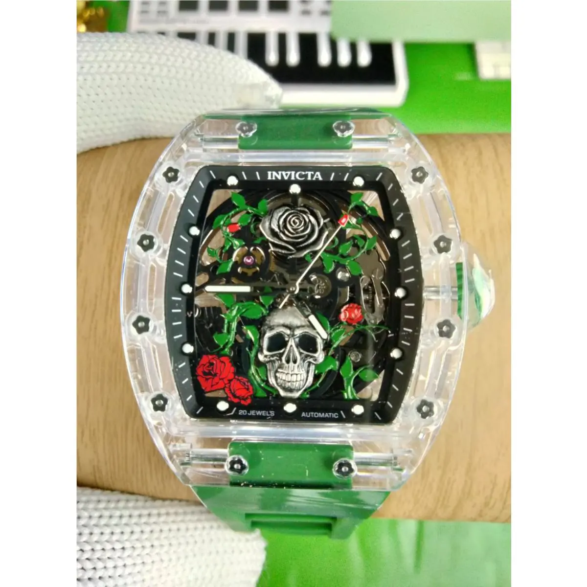 Invicta Roseskull Artist Automatic Men Watch 69497 K9 Glass Case Grn Strap WR30M