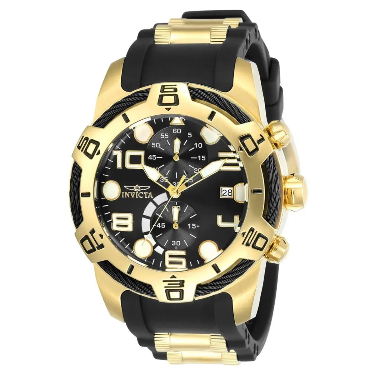 Invicta 24218 Men`s Chrono Steel Silicone Strap Black Dial Watch - Dial: Black, Band: Yellow, Black
